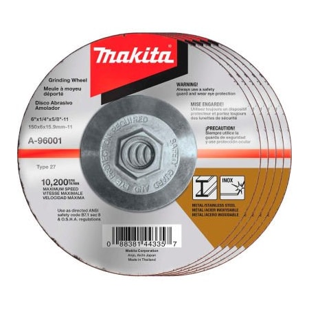 Makita Makita Hubbed INOX Grinding Wheel, 36 Grit, Type 27, 6inDia x 1/4inT x 5/8-11in Ctr HoleDia-25/Pk A-96001-25